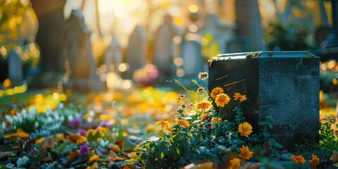 Soft focus cemetery scene with headstones and flowers Serene depiction of a final resting place Funeral and burial concept