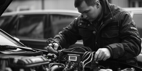 Poster - A person tinkers with a vehicle's engine in a mechanical setting