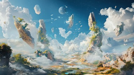 Wall Mural - Floating Rock Formations With Trees and a Distant Moon