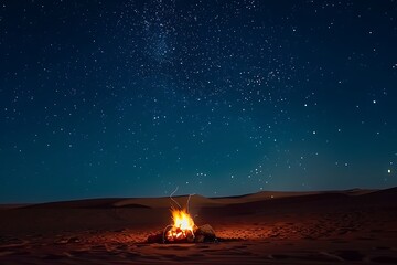 Wall Mural - campfire in the saudi arabian desert with a blue night sky filled with twinkling stars.