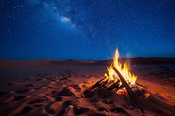 Wall Mural - campfire in the saudi arabian desert with a blue night sky filled with twinkling stars.