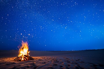 Wall Mural - campfire in the saudi arabian desert with a blue night sky filled with twinkling stars.