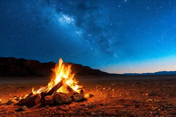 Wall Mural - campfire in the saudi arabian desert with a blue night sky filled with twinkling stars.