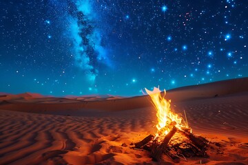 Wall Mural - campfire in the saudi arabian desert with a blue night sky filled with twinkling stars.
