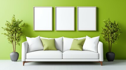 Sticker - A white couch is in a room with a green wall and three white picture frames