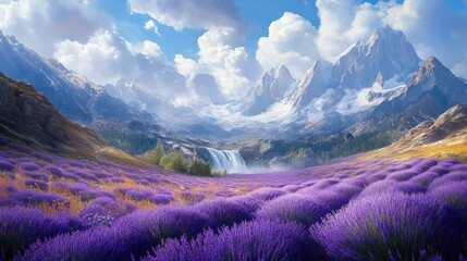 Beautiful lavender field with high mountains and a waterfall, set against a dynamic futuristic background, creating a vibrant and colorful landscape