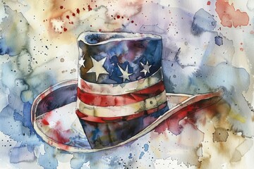 Watercolor illustration of a patriotic hat with stars and stripes