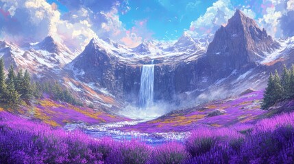 Colorful landscape of a lavender field, high mountains, and a waterfall, with a dynamic futuristic background, full of vibrant energy