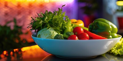 Poster - A variety of fresh vegetables in a white bowl alongside a bright green pepper.