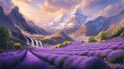 Stunning lavender field with high mountains and a cascading waterfall, set in a vibrant landscape with a dynamic futuristic backdrop