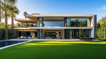 Wall Mural - Modern Luxury Home with Pool and Green Lawn