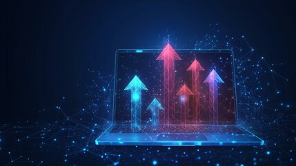 Poster - Abstract high speed growth up arrows on a laptop screen. Fast internet concept. Boost metaphor on technology dark blue background. Digital vector illustration in futuristic low poly wireframe style. 