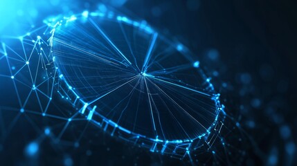 Abstract pie chart top view on technology blue background in futuristic low poly wireframe hologram style. Business analysis concept. Polygonal digital circle diagram or graph chart with 3D effect. 