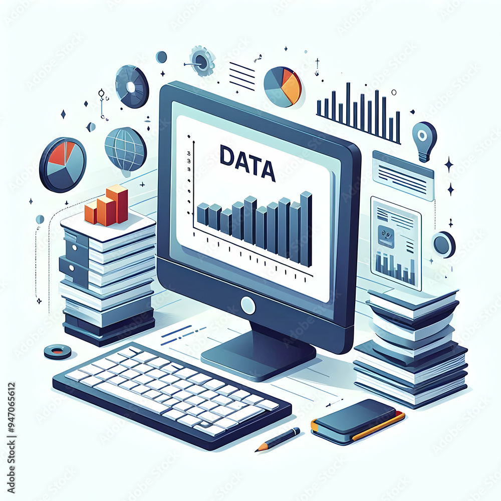 Computer Digrees Content Graph Vector of Isolated Computer Screen and Bar Graph with Data Concept - A ...