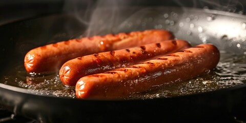 Wall Mural - Sizzling sausages being prepared in oil on a frying pan.