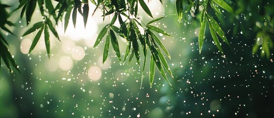 Wall Mural - Green Leaves with Rain and Sunlight