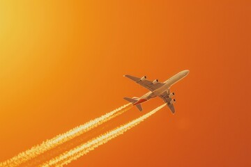 Wall Mural - an airplane soars through the sky as the sun sets behind, a beautiful scene of aviation and nature