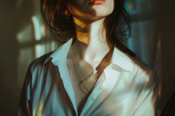 Wall Mural - A woman wearing a white shirt and a necklace, simple and elegant