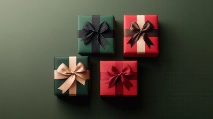 Poster - Colorful geometric gift boxes with vibrant bows are neatly arranged on a dark green surface, creating a festive holiday atmosphere. Generative AI