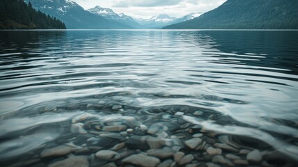 Poster - Clear Water with Ripples and Pebbles in the Foreground, Mountain Range in the Background