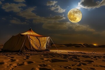 Wall Mural - camping in the deserts of saudi arabia, soft golden sand and terrain at night, a traditional bedouin