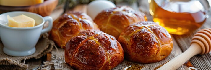 Sticker - Easter breakfast with hot cross buns served with butter, honey, and tea.