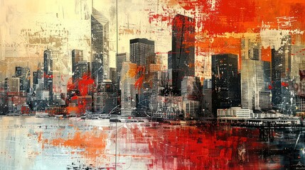 Wall Mural - abstract cityscape with red and orange hues.
