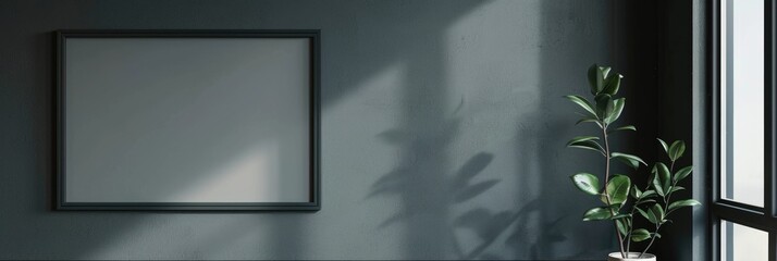 Poster - Mockup featuring a black picture frame against a smooth dark gray wall