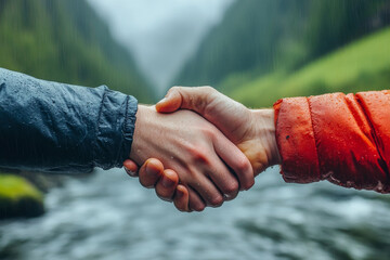 Wall Mural - Two people shaking hands in the rain