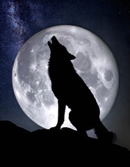  Wolf Howling on a Full Moon Night Starry Sky, Photo Realistic, Wallpaper, Cover and Screen for Smartphone, Cell Phone, PC, Laptop