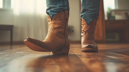 A close-up shot of feet in cowboy boots performing synchronized line dance moves on a wooden floor, with a soft light solid color backdrop