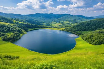 A picturesque mountain lake with clear blue water surrounded by lush green hills and forests under a partly cloudy sky