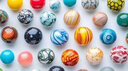 A close-up of a collection of colorful marbles arranged on a light solid color background, showcasing their glossy surfaces and intricate patterns