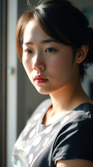 Wall Mural - Close-up portrait of a young woman looking at the camera with a thoughtful expression