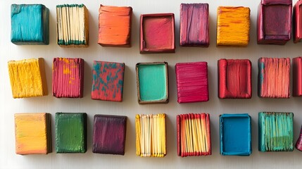 A collection of colorful matchboxes arranged artistically on a light solid color background, emphasizing their textures and designs