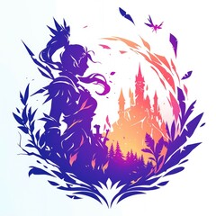 Wall Mural - Silhouetted Female Warrior with Castle and Forest Background