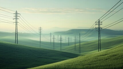 Wall Mural - A series of electric poles with high-voltage power lines running through a green countryside, demonstrating the integration of technology into natural landscapes.