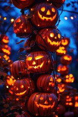 Wall Mural - A cluster of jack-o-lanterns aglow in the darkness