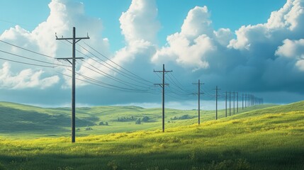 Wall Mural - A series of electric poles with high-voltage power lines running through a green countryside, demonstrating the integration of technology into natural landscapes.