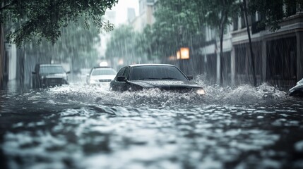 cars drive through a flooded street during heavy rain in an urban area, highlighting extreme weather