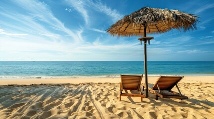 Sticker - Relaxing Beach Chairs Under Palm Leaf Umbrella.