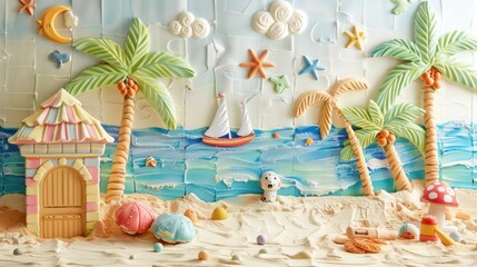 Wall Mural - Colorful Beach Scene with Palm Trees and a Sailboat.