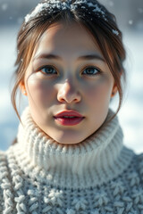 Wall Mural - Portrait of a Young Woman in a White Knit Sweater with Snow Falling on Her Hair