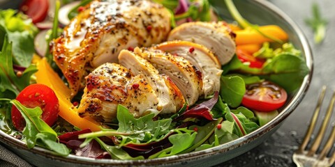 Canvas Print - Close up vertical view of a green salad with roasted chicken breast fresh salad greens and vegetables