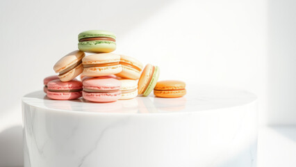 Poster - Colorful Macarons on White Marble Surface