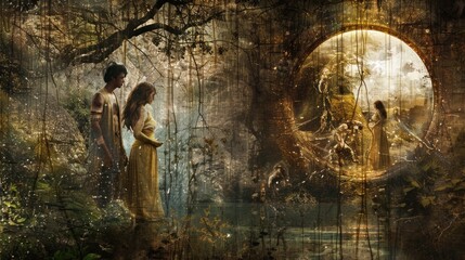 Wall Mural - Fantasy forest with couple in a magical world.