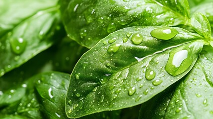 Closeup macro photograph of fresh vibrant green basil leaves with delicate water droplets or dewdrops on an isolated simple background