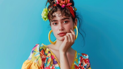 Poster - A young girl smiling, wearing a colorful dress and flowered headband