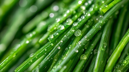 Closeup Photograph Showcasing the Crisp Vibrant Green Chives with Glistening Water Droplets on the Surface against an Isolated Background