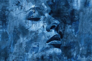 Wall Mural - A portrait of a woman's face on a blue background, perfect for use in editorial or commercial projects